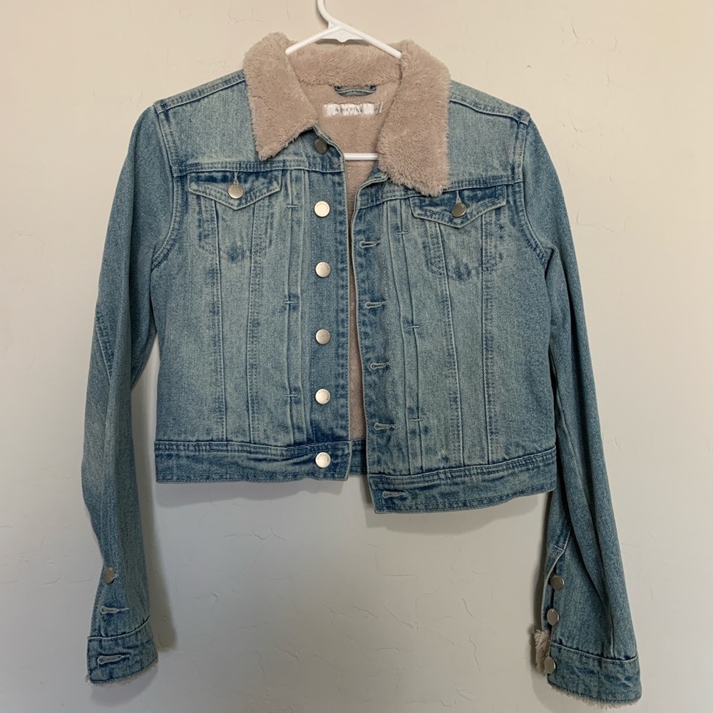 Minkpink Cropped Faux Shearling Denim Jacket